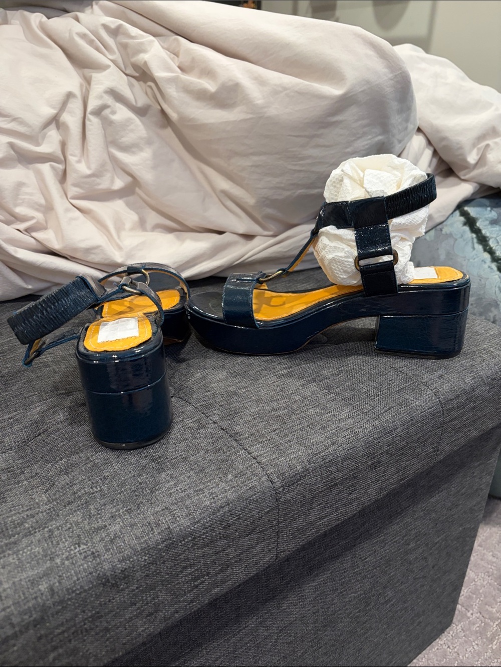 Lanvin Navy Patent Platform Sandals with Yellow Insole